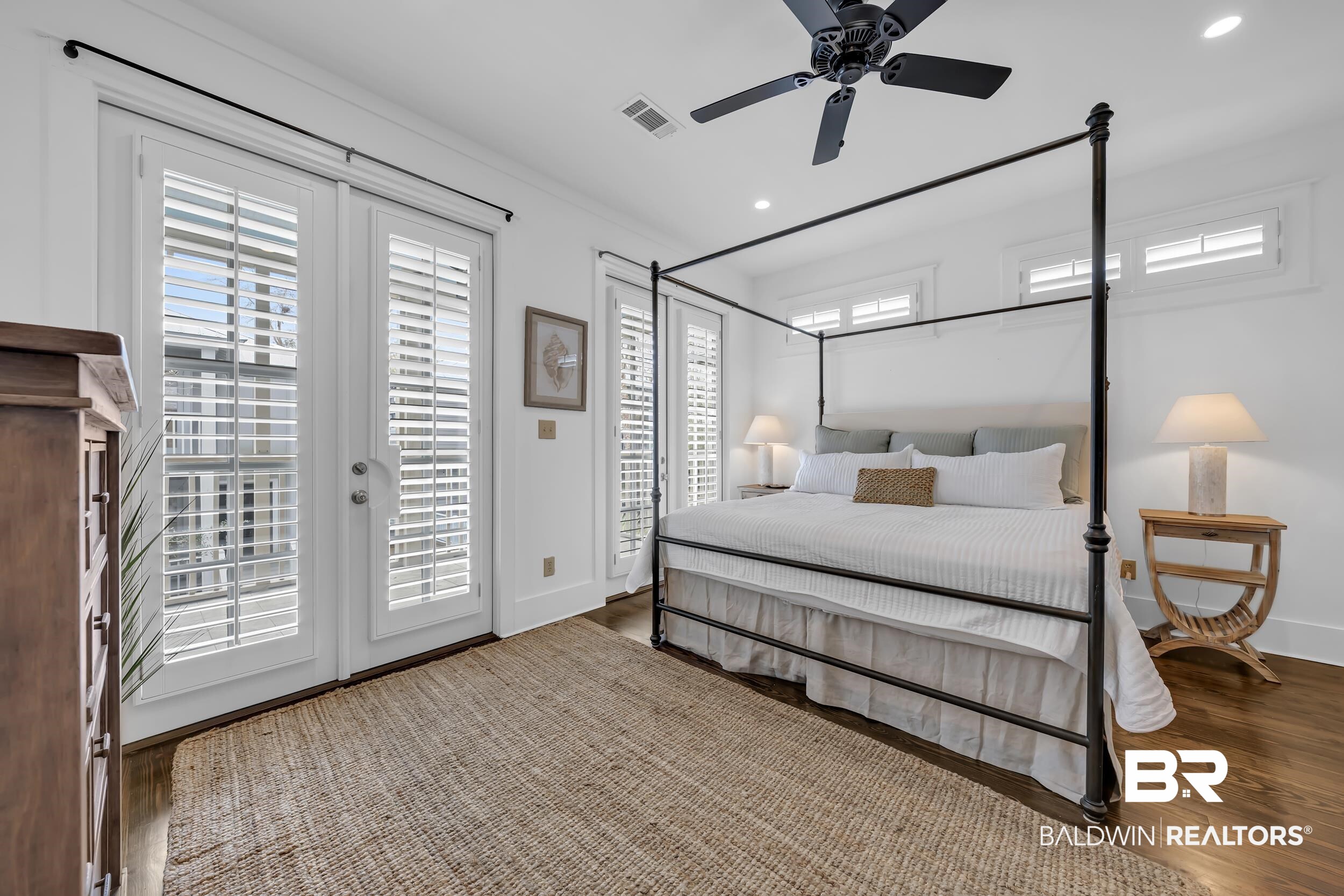 25773 Canal Road, Unit 32 Orange Beach, AL 36561 - Photo 16 of 35 Bedroom with access to outside, ceiling fan, recessed lighting, dark wood-style floors, and french doors
