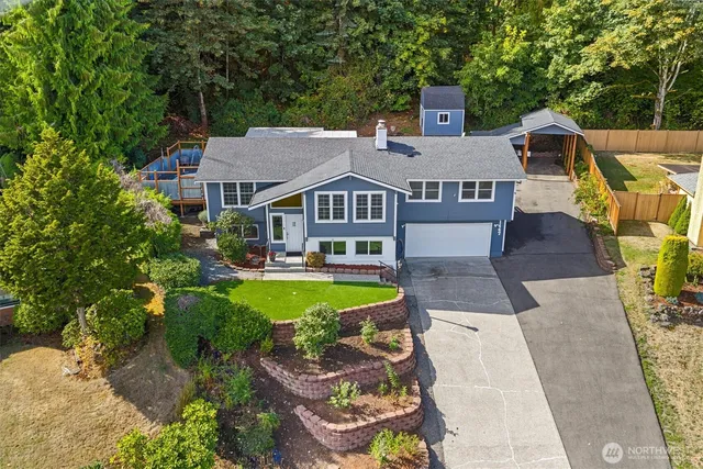 an aerial view of a house with swimming pool and large trees