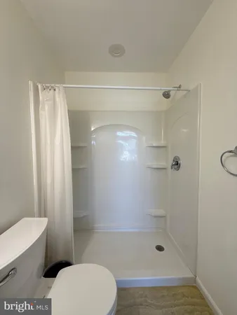 a bathroom with a shower a toilet and a sink
