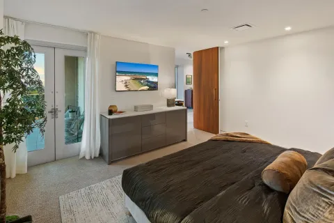 a bedroom with furniture and a potted plant