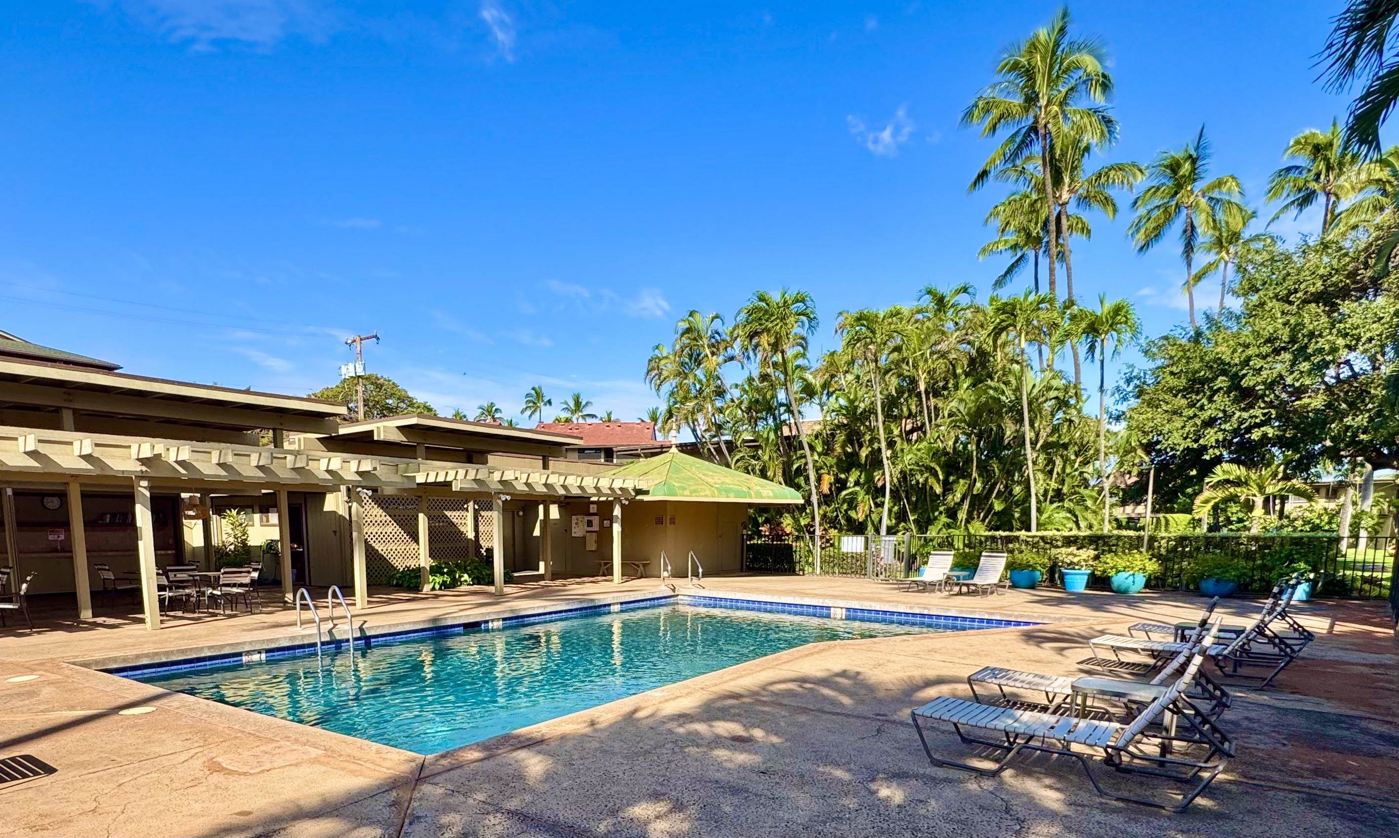 3559 Lower Honoapiilani Road, Unit 2D Lahaina, HI 96761 - Photo 13 of 16 a view of a swimming pool with lawn chairs under an umbrella