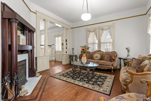 a view of a dining room with furniture