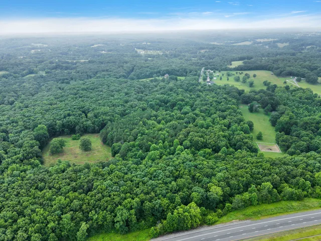 an aerial view of residential houses with outdoor space and trees