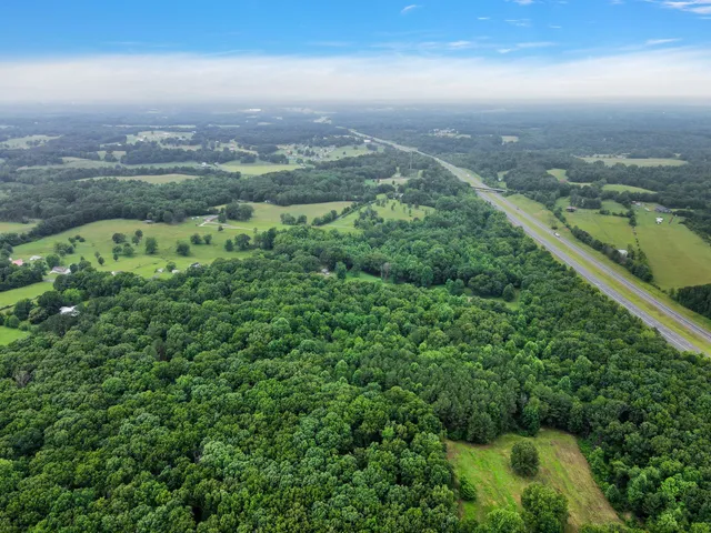 an aerial view of city and green space