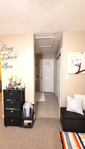 a bedroom with a bed and cabinet