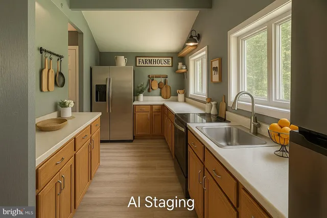 a kitchen with stainless steel appliances granite countertop a sink and a refrigerator