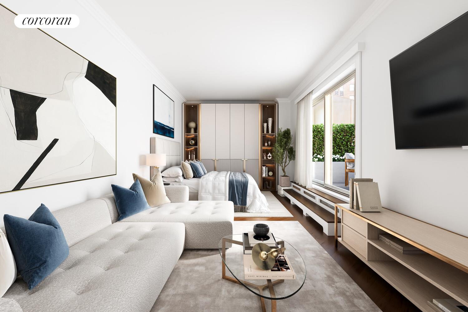 220 Madison Avenue, Unit PHC Manhattan, NY 10016 - Photo 2 of 15 a living room with furniture and a flat screen tv