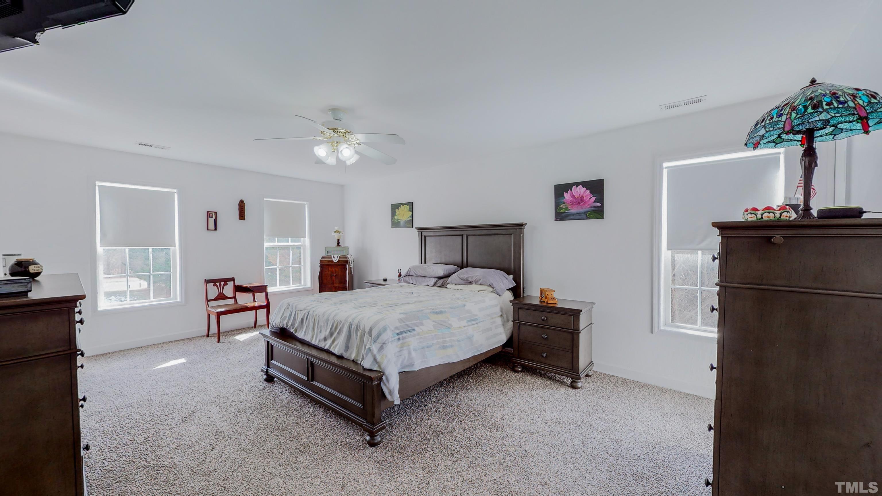 145 Deep Creek Point Rougemont, NC 27572 - Photo 17 of 52 a spacious bedroom with a bed and a chandelier
