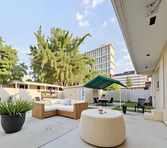 a outdoor living space with furniture and potted plants