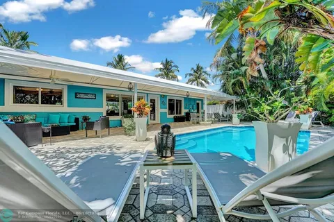 swimming pool view with a seating space