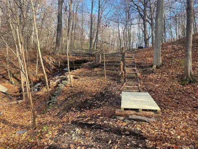 a view of a backyard with table and chairs plants and trees