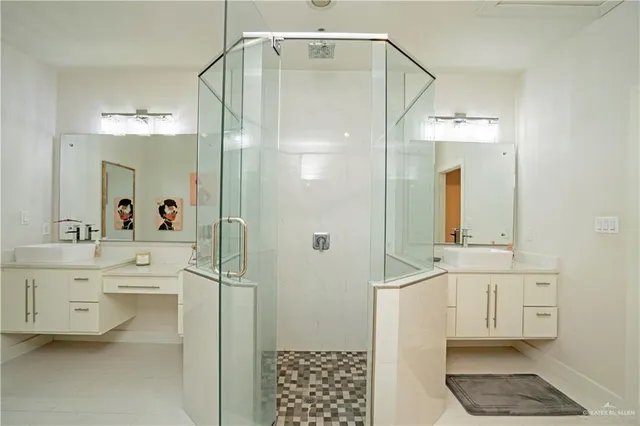 a bathroom with a shower a sink and a mirror