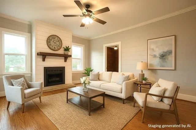 an empty room with wooden floor and a ceiling fan