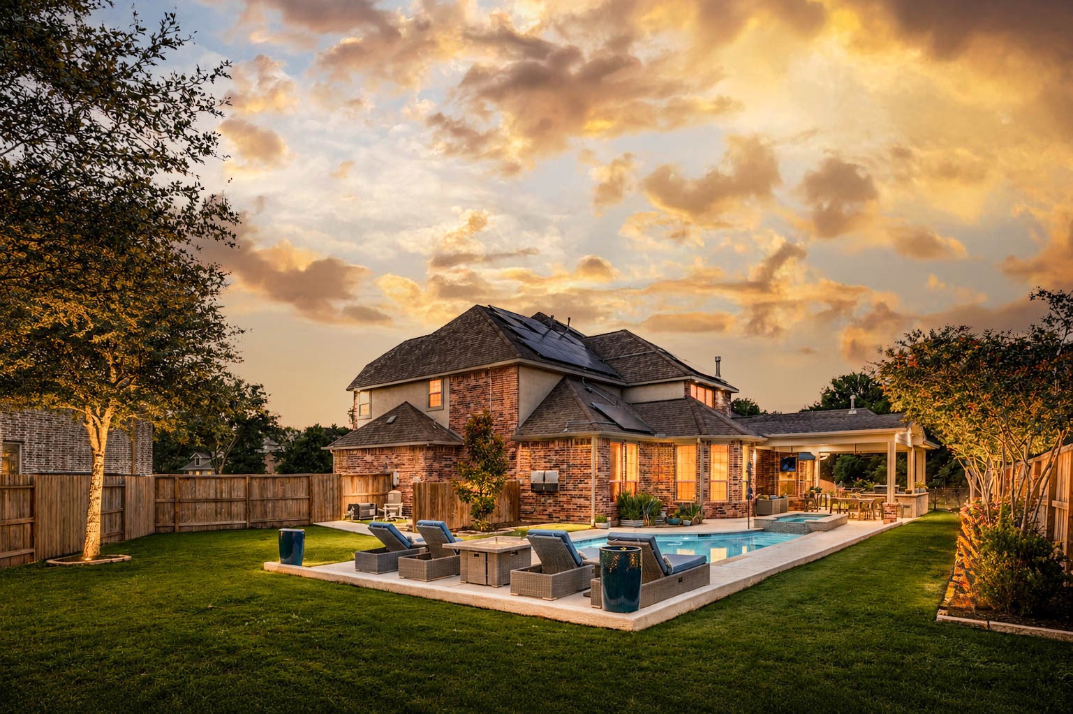 29903 Spring Side Court Fulshear, TX 77406 - Photo 2 of 50 Enjoy your own private backyard retreat complete with a resort style pool, expansive cool decking, and a custom covered patio designed for entertaining. The outdoor kitchen features a gas grill, sink, two refrigerators, and ample seating areas, while the fully paid solar panels add exceptional efficiency to the home.