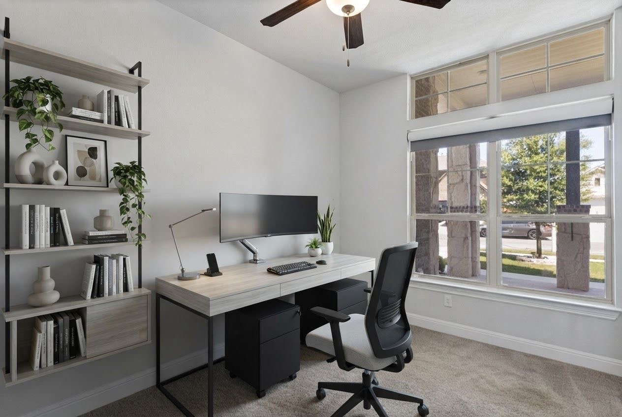 727 Spinnaker Loop Kyle, TX 78640 - Photo 22 of 29 Plentiful natural light streams through tall windows into this carpeted workspace with high ceilings.