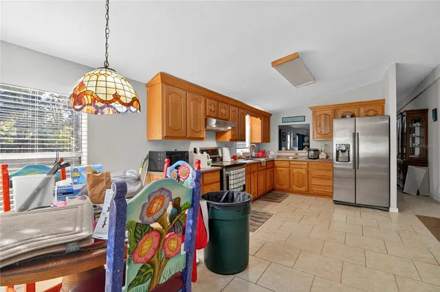 a view of a dining room with furniture