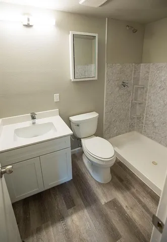 a bathroom with a sink toilet and shower