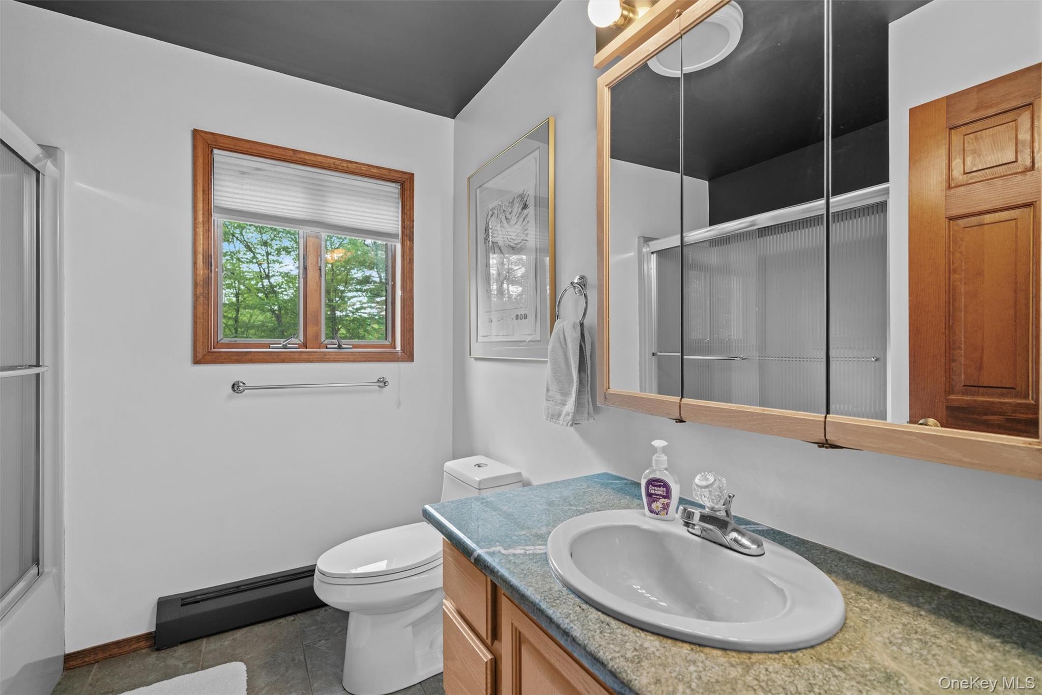 1775 Plank Rd Section A Forestburgh, NY 12777 - Photo 25 of 50 Bathroom featuring a baseboard radiator, vanity, a shower with shower door, and toilet