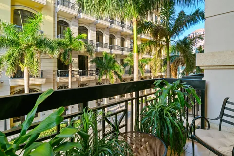 a front view of a multi story building