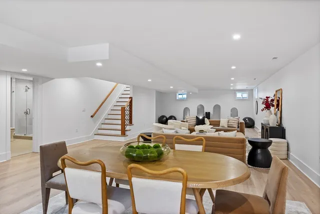 a view of a dining room with furniture