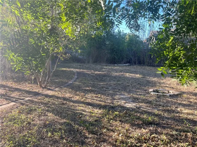 a view of a yard with large trees