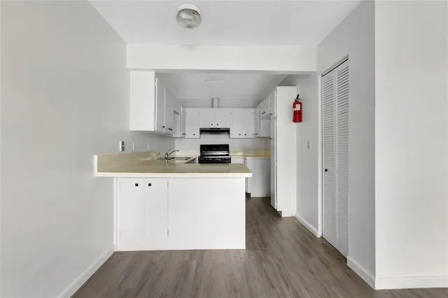a kitchen with cabinets wooden floor and a sink
