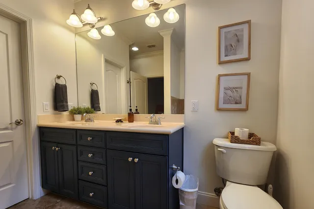 a bathroom with a toilet sink and mirror