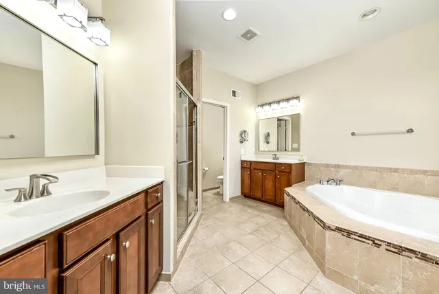 a bathroom with a tub a sink a mirror and a shower