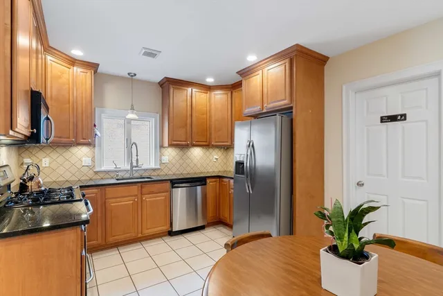 a kitchen with stainless steel appliances a sink a potted plant and a refrigerator