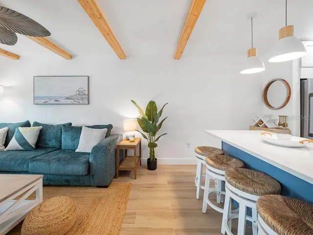 a living room with furniture and a potted plant
