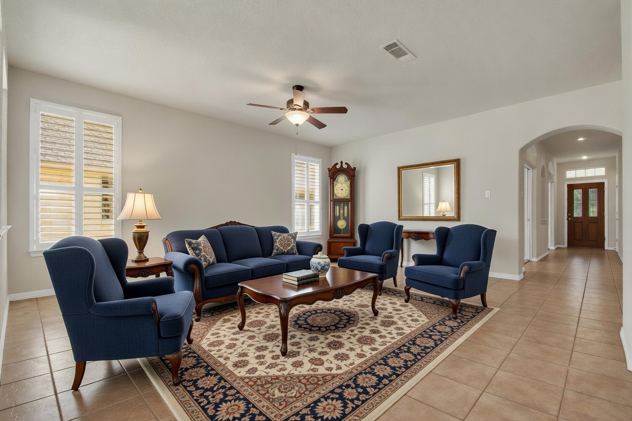 a living room with furniture a rug and a window
