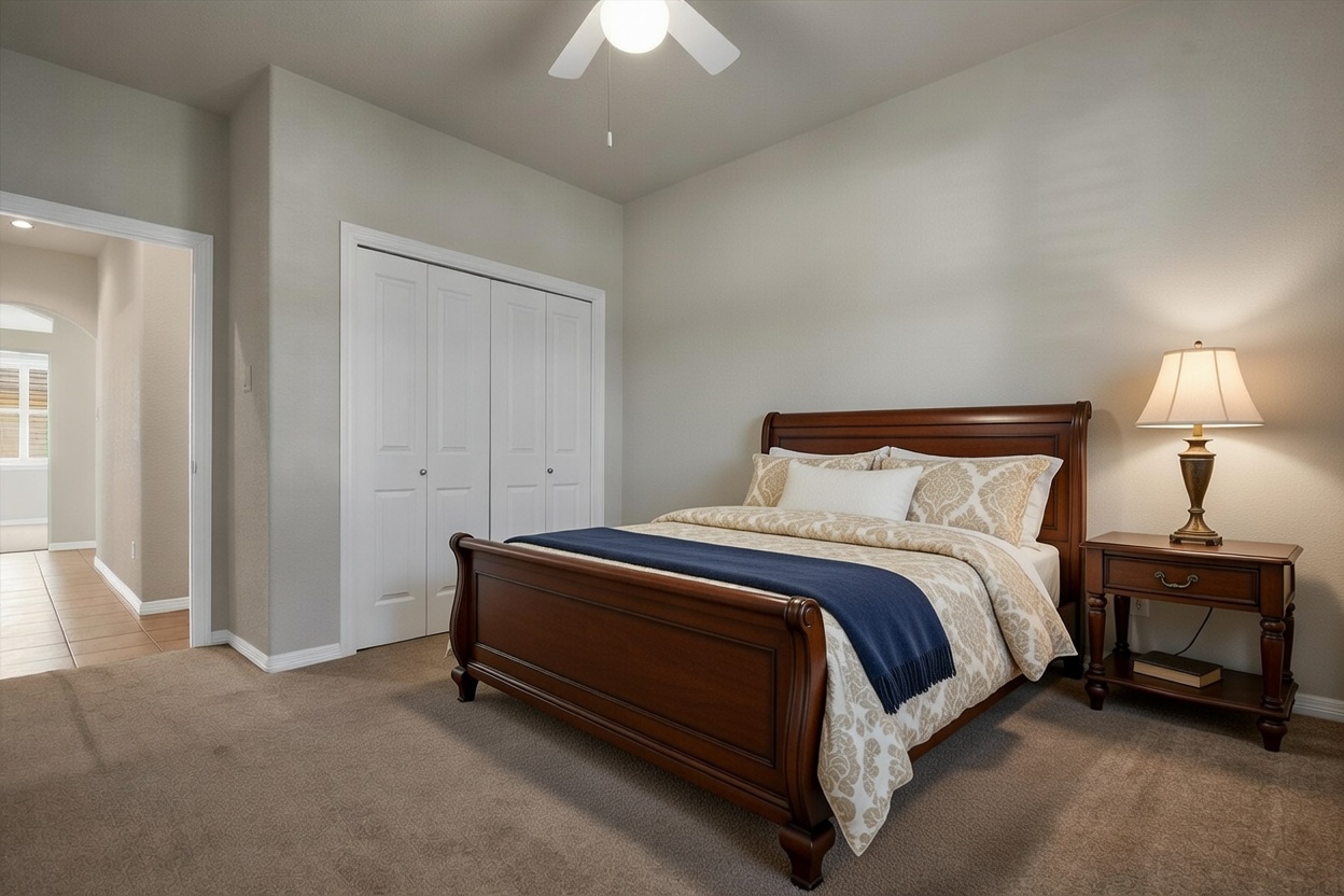 102 Lavaca Lane Georgetown, TX 78628 - Photo 23 of 30 a spacious bedroom with a bed and a chandelier