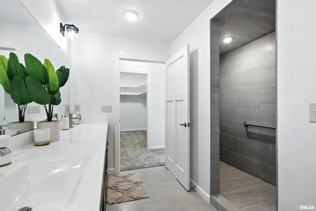 a bathroom with a shower and a sink