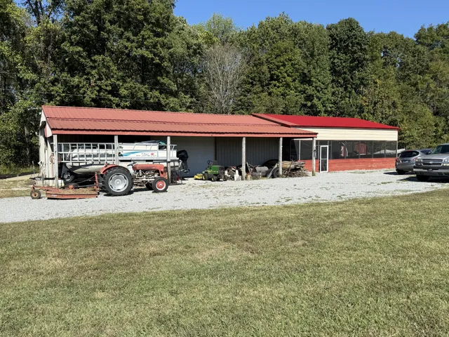 a view of a garage with storage