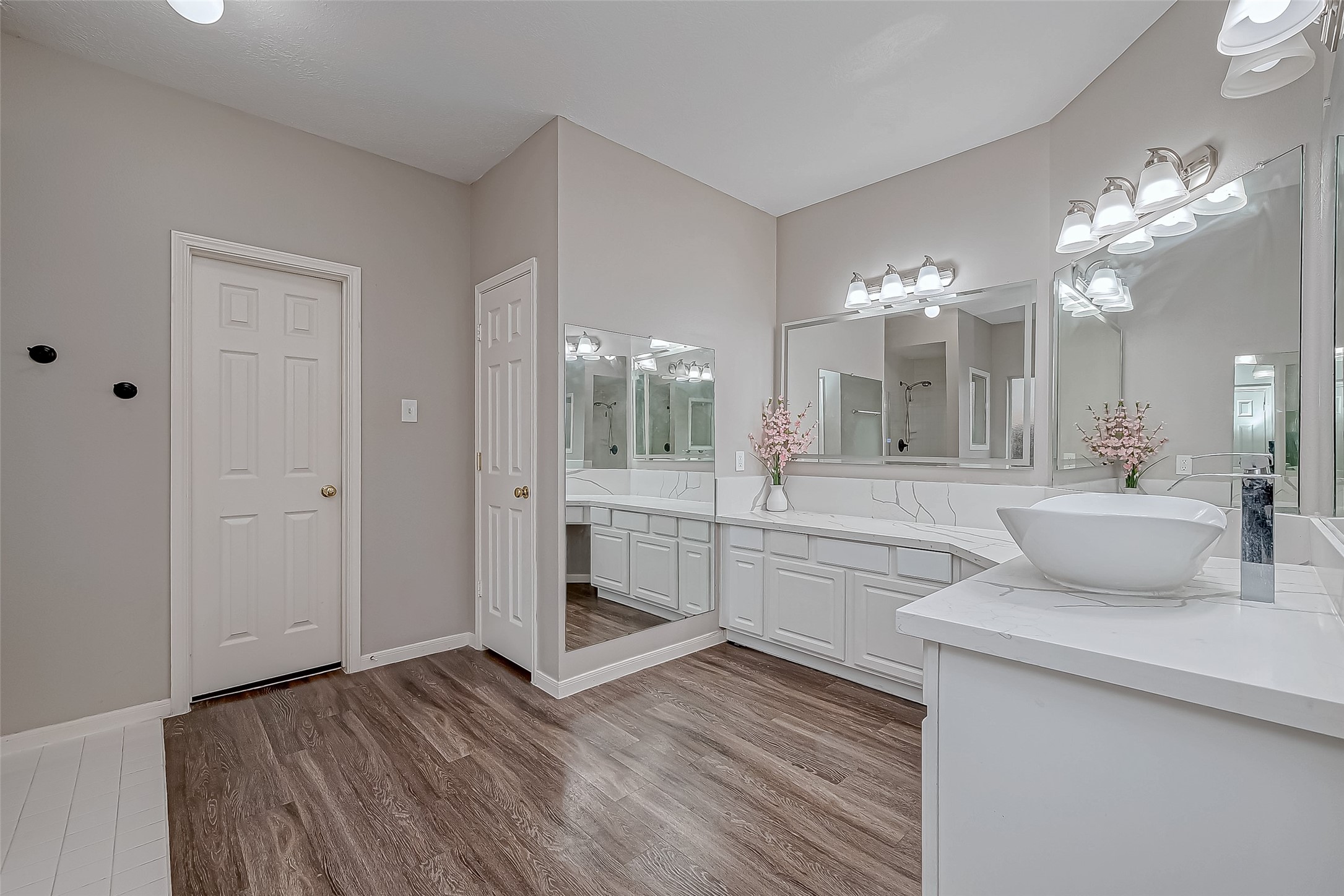 22922 Montclair Park Lane Spring, TX 77373 - Photo 37 of 46 a spacious bathroom with a granite countertop sink a mirror and a shower