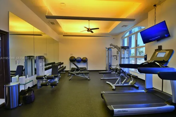 a view of a room with gym equipment