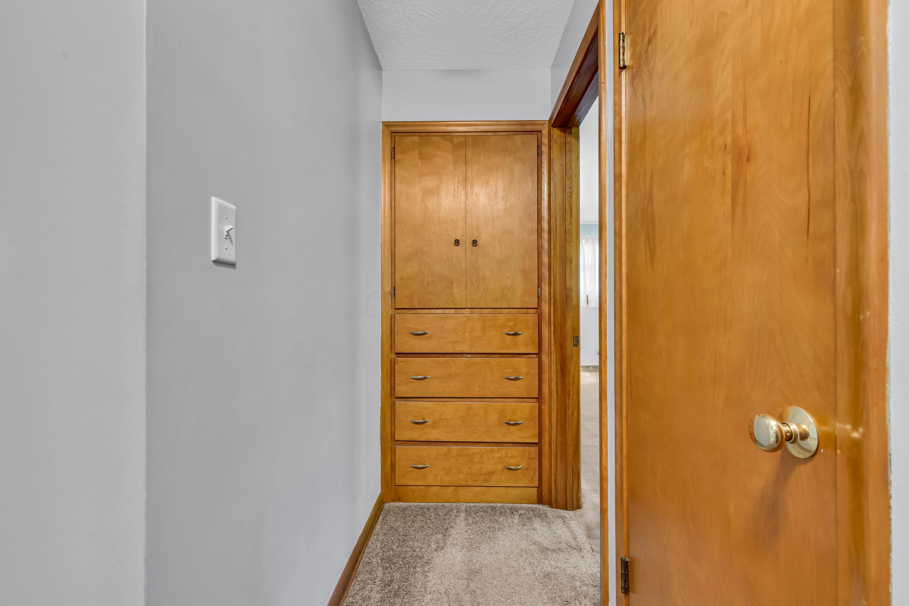 1213 East Cooke Road Columbus, OH 43224 - Photo 25 of 57 • Light sand carpet • Tan painted walls • Hardwood flooring under carpet • Ceiling light • Hall cedar closet • Built-in linen cabinets