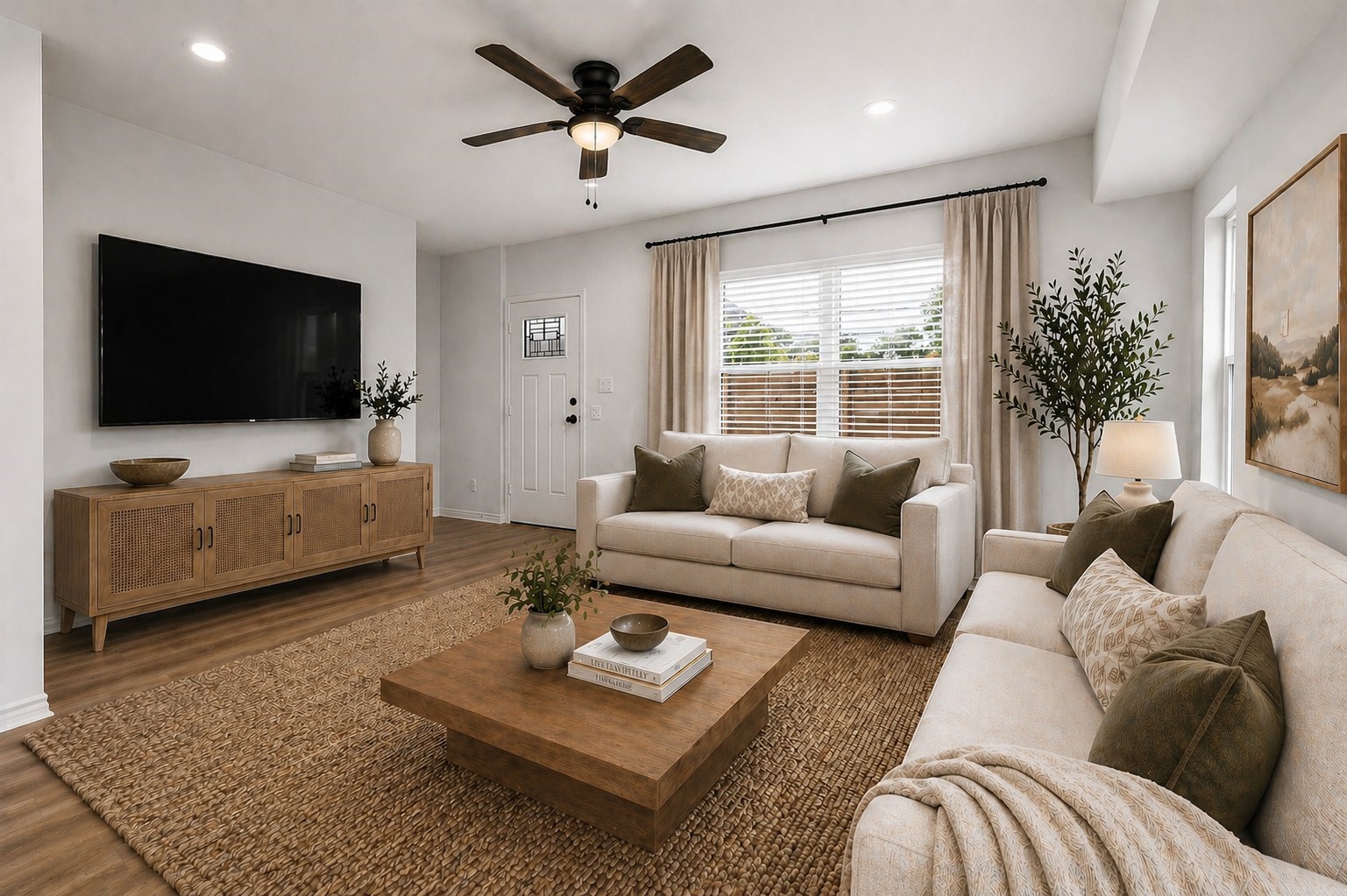 783 Fortune Street, Unit B Houston, TX 77088 - Photo 2 of 34 Bright and airy living room featuring an open layout with abundant natural light and warm luxury vinyl plank flooring throughout. Large windows enhance the sense of space and provide a strong connection to the outdoors. Clean lines, neutral tones, and a modern farmhouse aesthetic create a versatile backdrop that appeals to a wide range of styles. The room offers excellent flow for both everyday living and entertaining, making it a welcoming and functional centerpiece of the home. (Photo virtually staged)