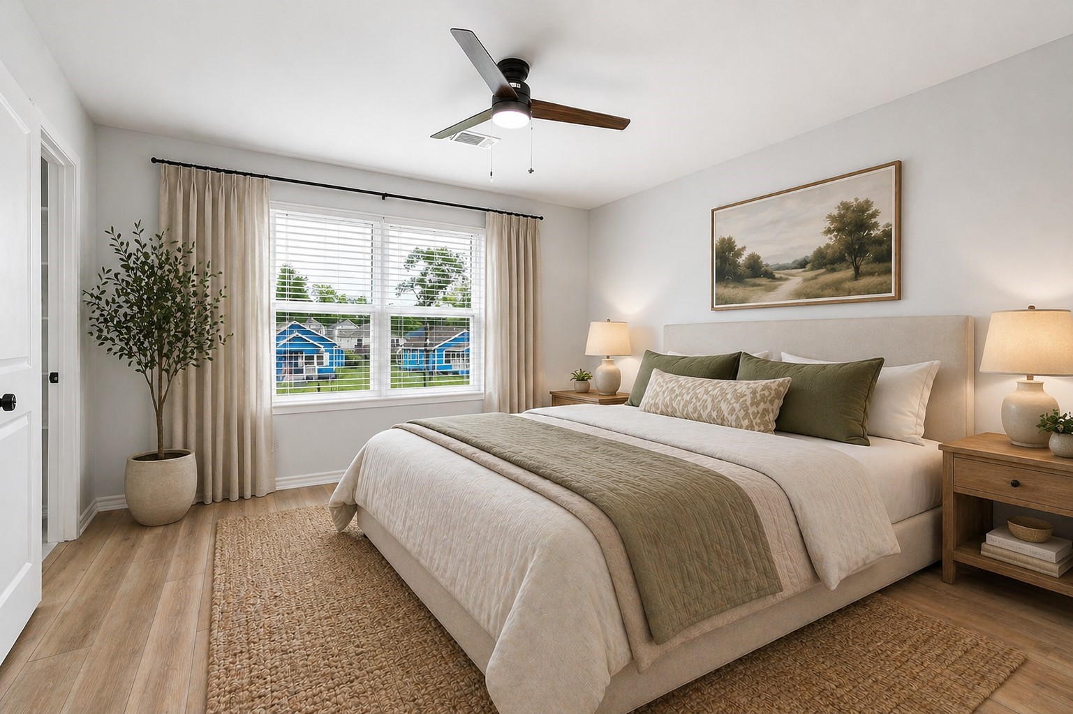 783 Fortune Street, Unit B Houston, TX 77088 - Photo 4 of 34 The primary bedroom offers a warm and inviting atmosphere, enhanced by a neutral color palette and abundant natural light from a large window. The space comfortably accommodates a full range of furnishings, while a ceiling fan provides added comfort and circulation.
The en-suite retreat features a spacious closet and a private bathroom complete with dual vanities and a generously sized walk-in shower, creating a functional and relaxing space for everyday living. (Photo virtually staged)