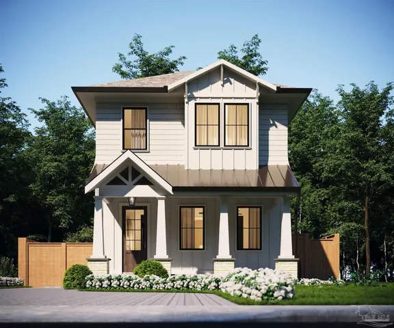 front view of a house with potted plants