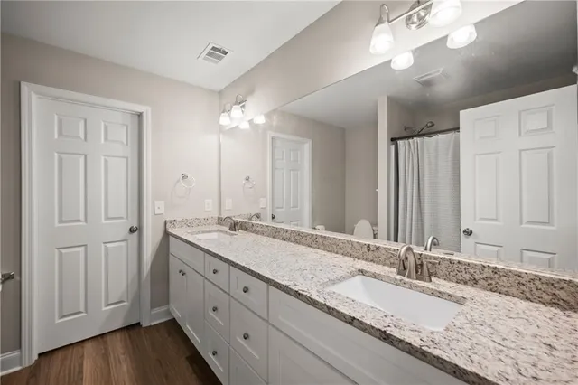 a bathroom with a granite countertop double vanity sink and a mirror