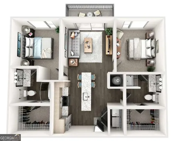 an aerial view of a house with a garden