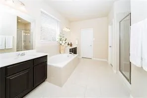 a spacious bathroom with a bathtub sink and mirror