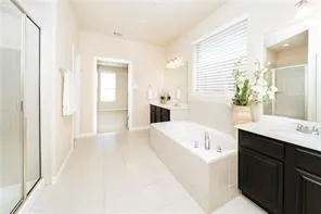 a bathroom with a tub sink and mirror