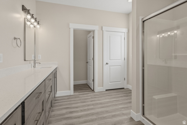 169 West 100 South Joseph, UT 84739 - Photo 16 of 35 Full bath with vanity, a stall shower, and light wood-type flooring