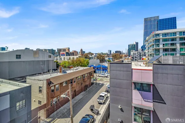 a city view with tall buildings