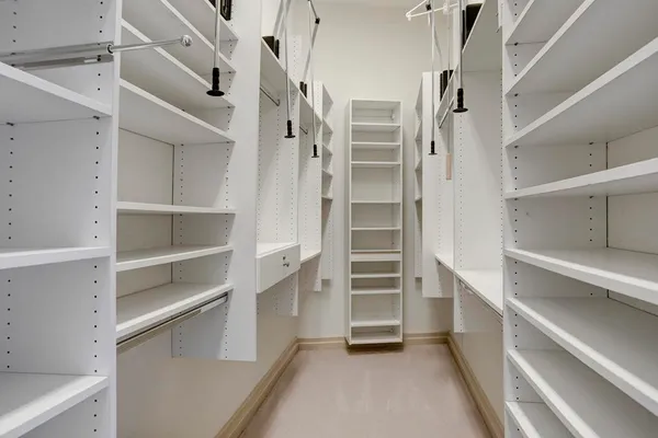 a view of walk in closet with empty racks
