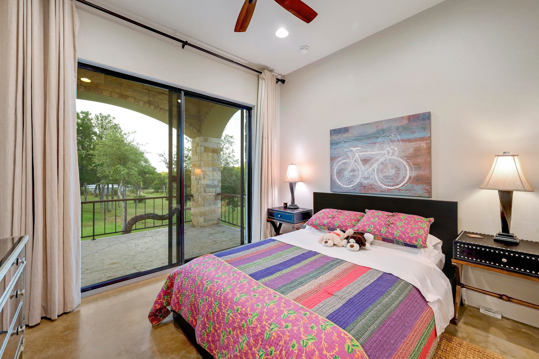 401 Trail Ridge Road Wimberley, TX 78676 - Photo 26 of 34 Bedroom featuring access to outside, ceiling fan, and recessed lighting