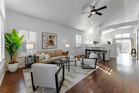 a living room with furniture or wooden floor and a potted plant