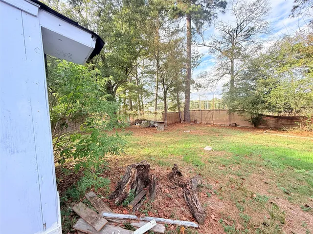 a view of a backyard with a large tree